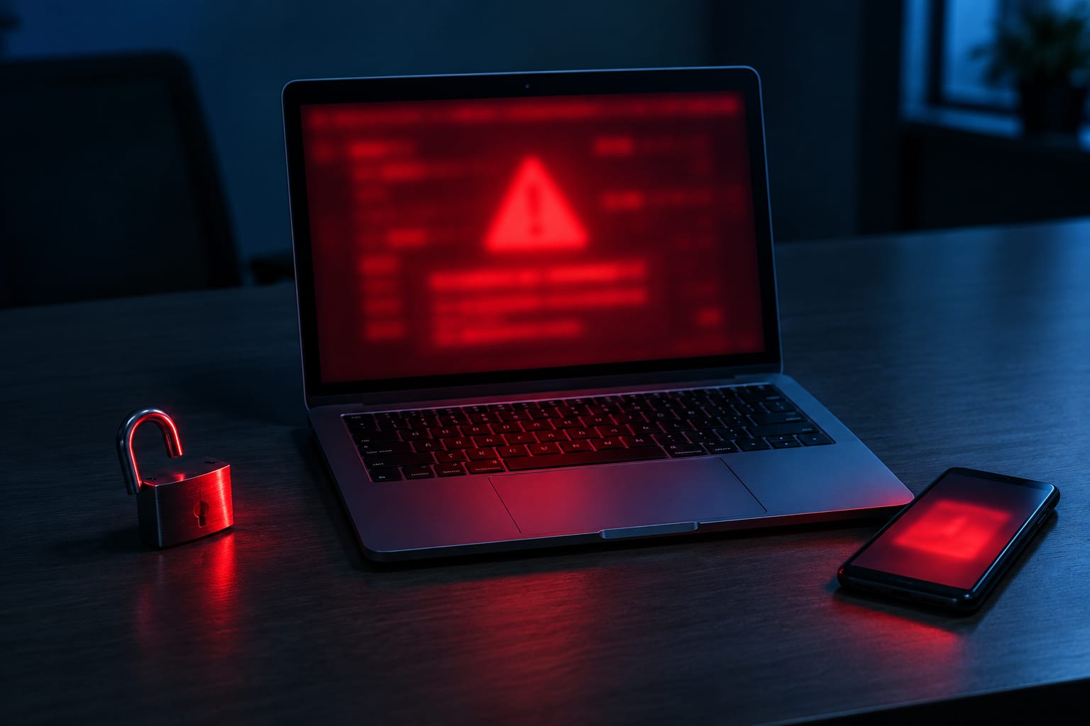 A smartphone on a dark desk showing a red warning notification banner over a fashion shopping app