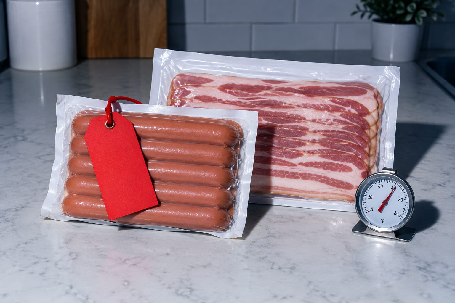 A grocery store refrigerator case stocked with packages of hot dogs, bacon and sliced deli meat.
