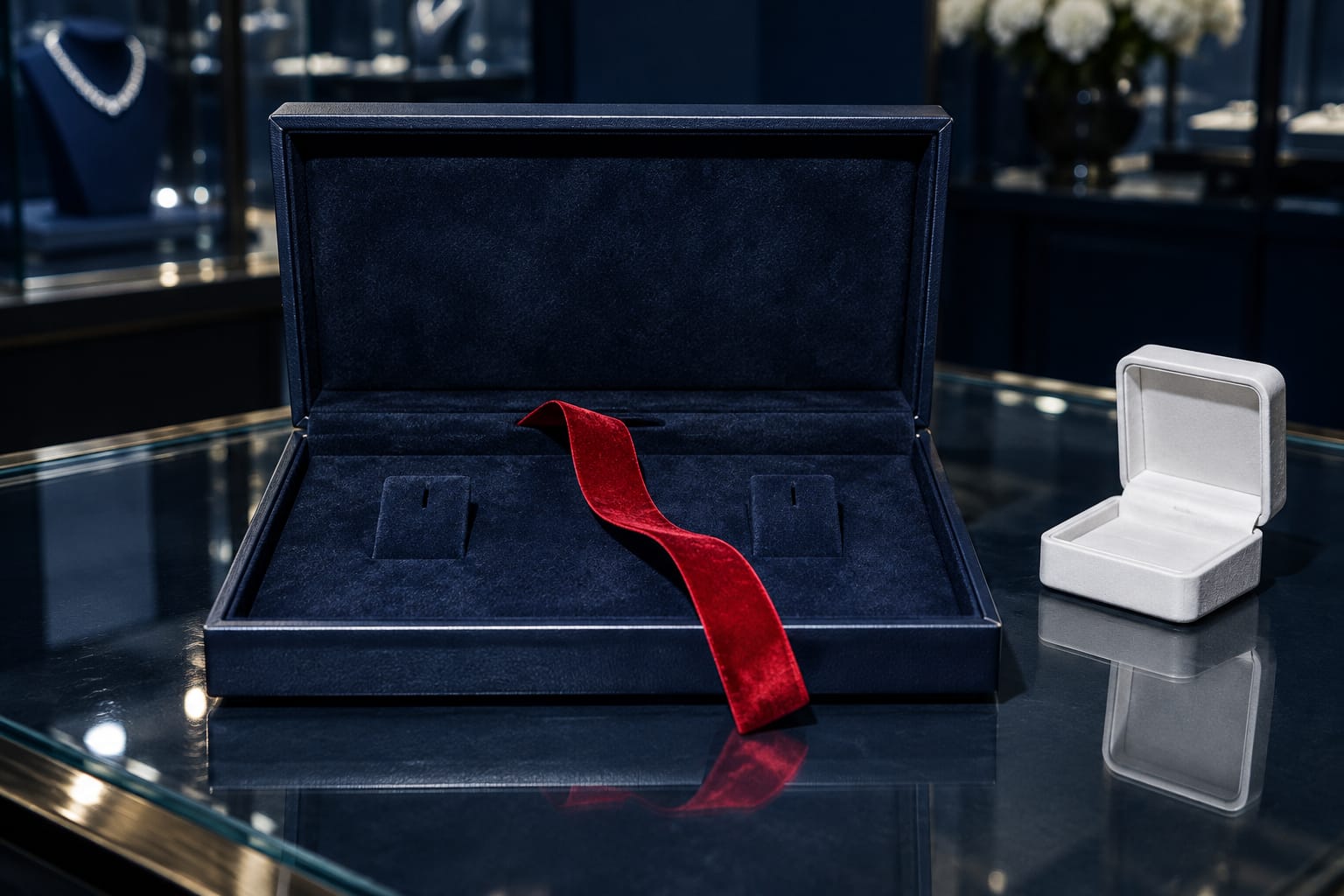 Illustration of a Tiffany-blue jewelry box with a pair of diamond earrings beside a courtroom gavel