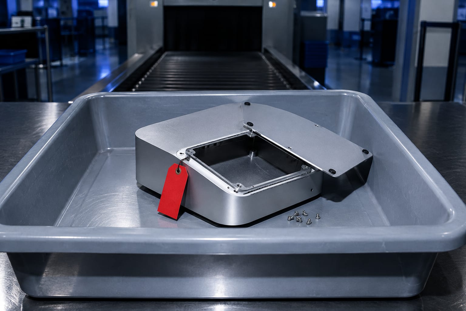 A small silver desktop computer sitting on an airport security checkpoint X-ray belt next to a carry-on bag.
