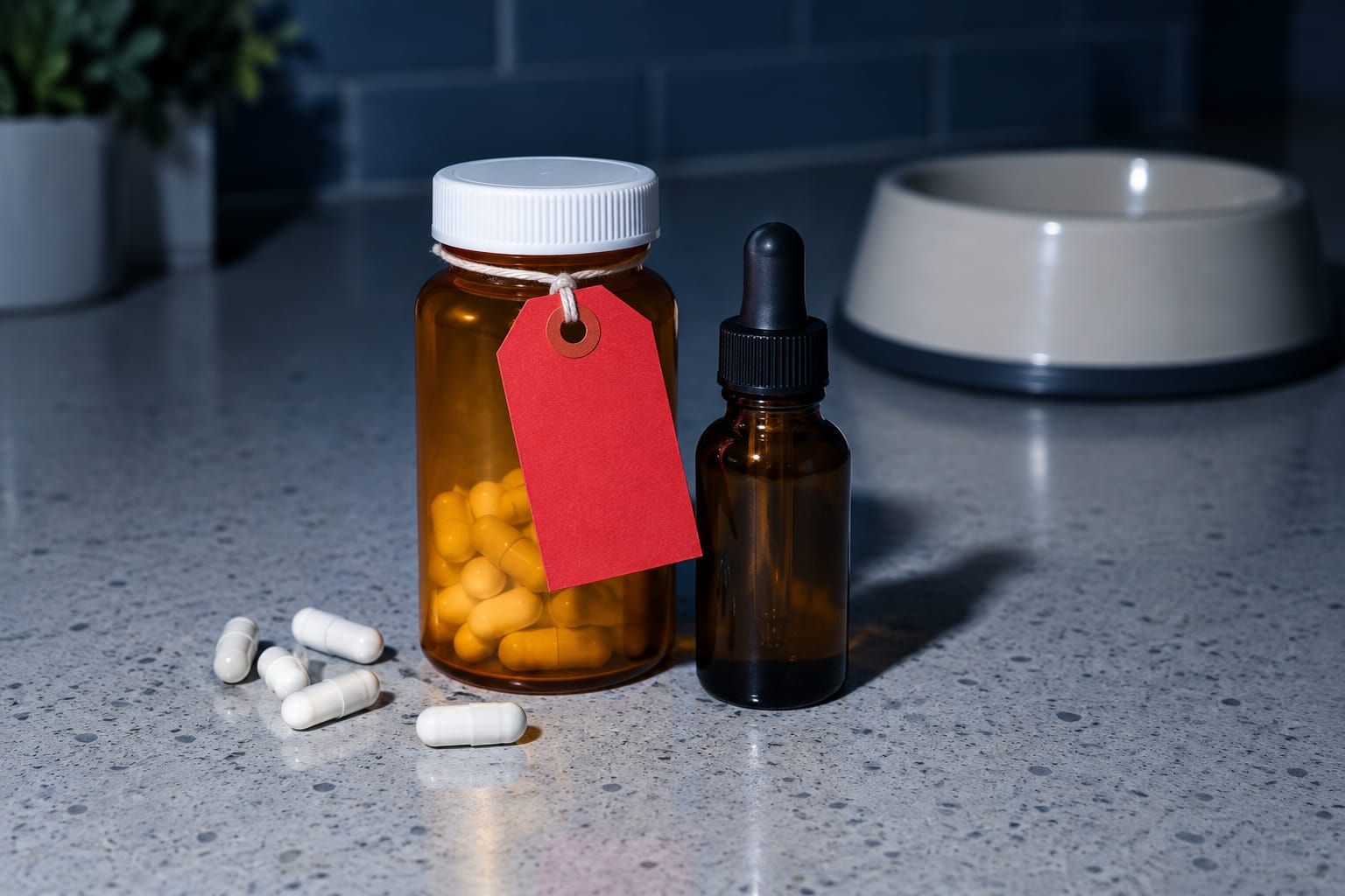 A dog owner holding a pill bottle and looking at the label while a dog waits beside them in a kitchen.