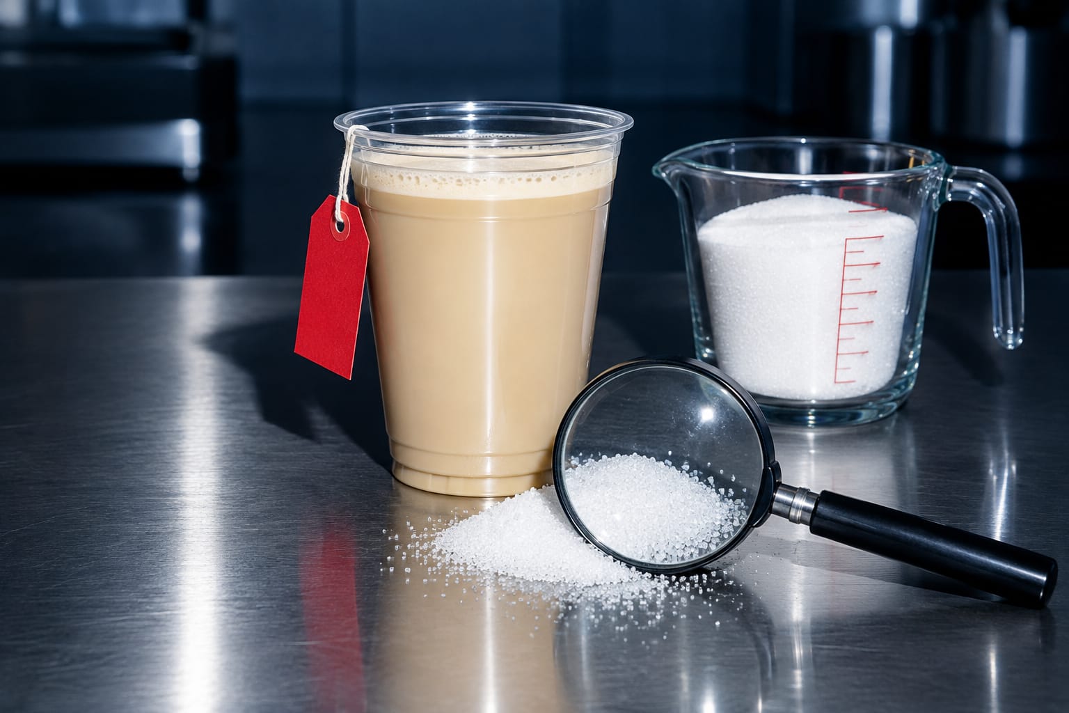 A venti Starbucks iced protein drink in a clear cup beside a pile of sugar cubes on a cafe counter