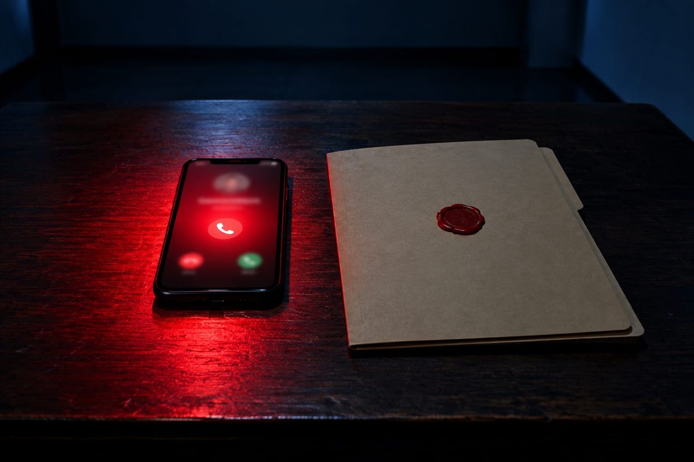 A hand holding a smartphone showing an incoming call from an unknown number, with a fake government badge in the background