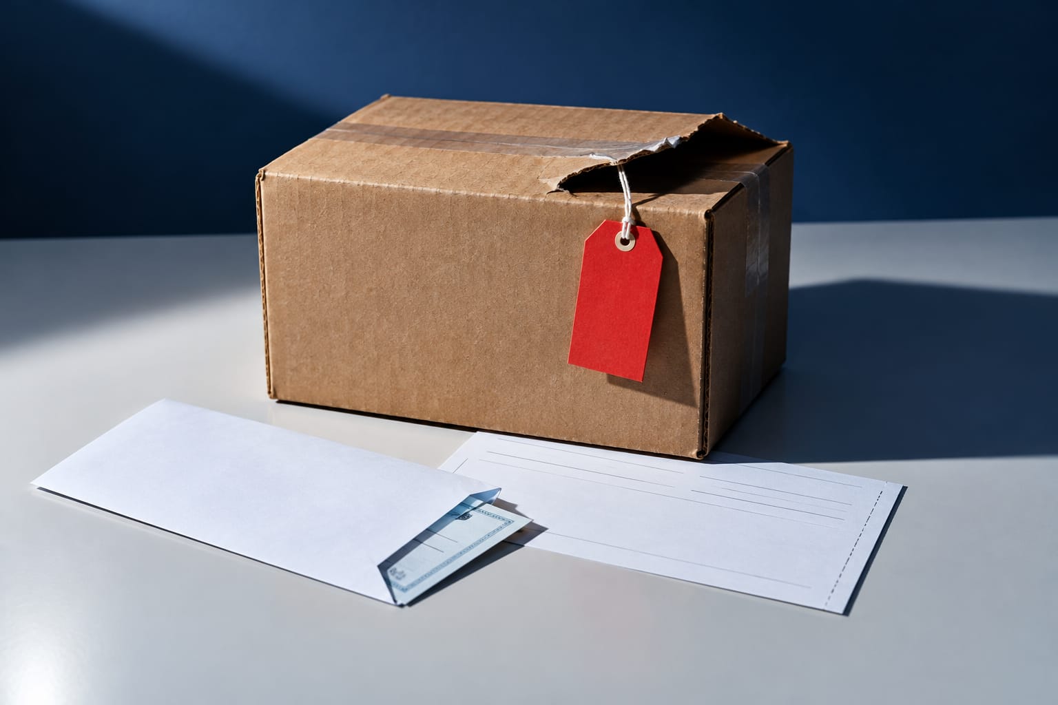A stack of Amazon-style shipping boxes beside a laptop showing a settlement claim form
