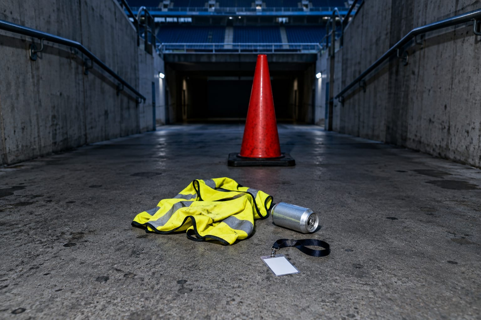 A football stadium ramp outside a college game, with a security guard polo shirt and cap on a railing and a can of hard seltzer beside them.