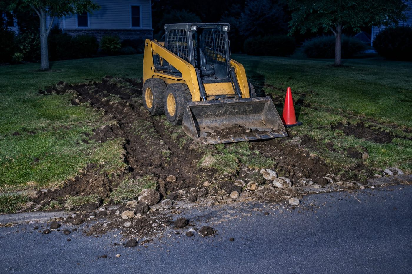 A yellow skid steer parked on a torn-up lawn beside a rural county road, with dirt and rocks scattered across the pavement.